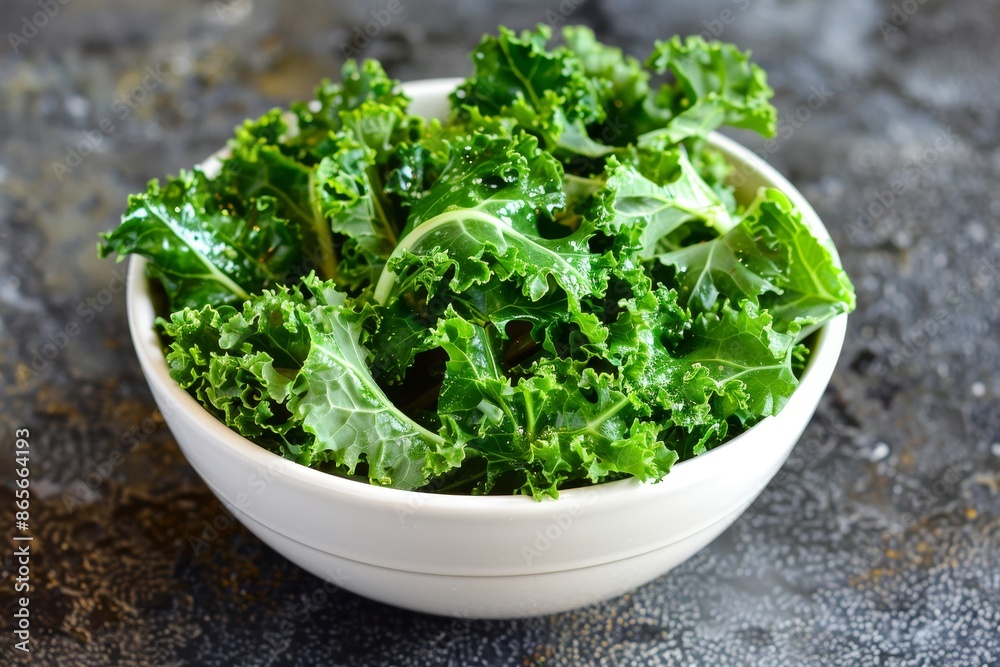 Air fried crispy kale salad in white bowl on black table Air fried crispy kale salad in white bowl on black table
