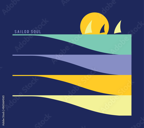 Vector illustration of sailboats silhouette on the horizon. Art in graphic and minimalist style.