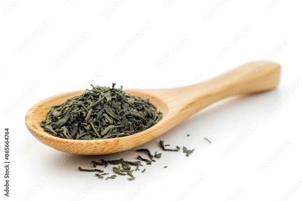 A wooden spoon filled with green tea leaves, perfect for brewing a soothing cup of tea A wooden spoon filled with green tea leaves, perfect for brewing a soothing cup of tea