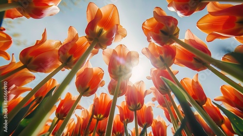 View of orange tulips from beneath in a field of orange flowers under a sunny sky
