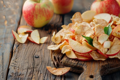 Apple chips on rustic wood healthy snack