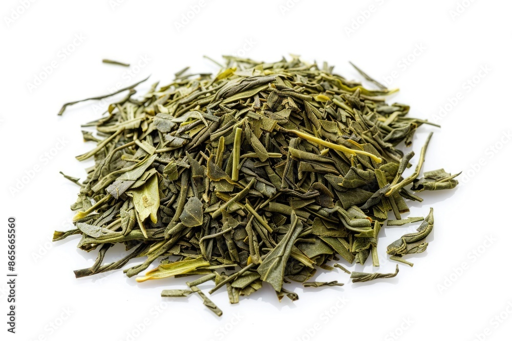 A collection of green tea leaves spread out on a white surface, ideal for use in photography or design projects A collection of green tea leaves spread out on a white surface, ideal for use in photography or design projects