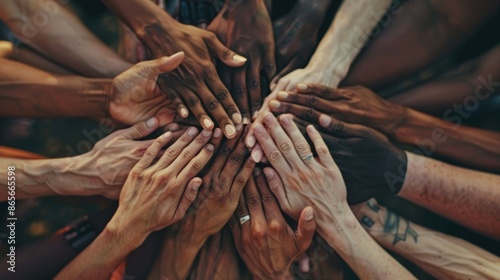 Hands from different backgrounds united on a map, representing cooperation and unity for a common goal. AIG53M