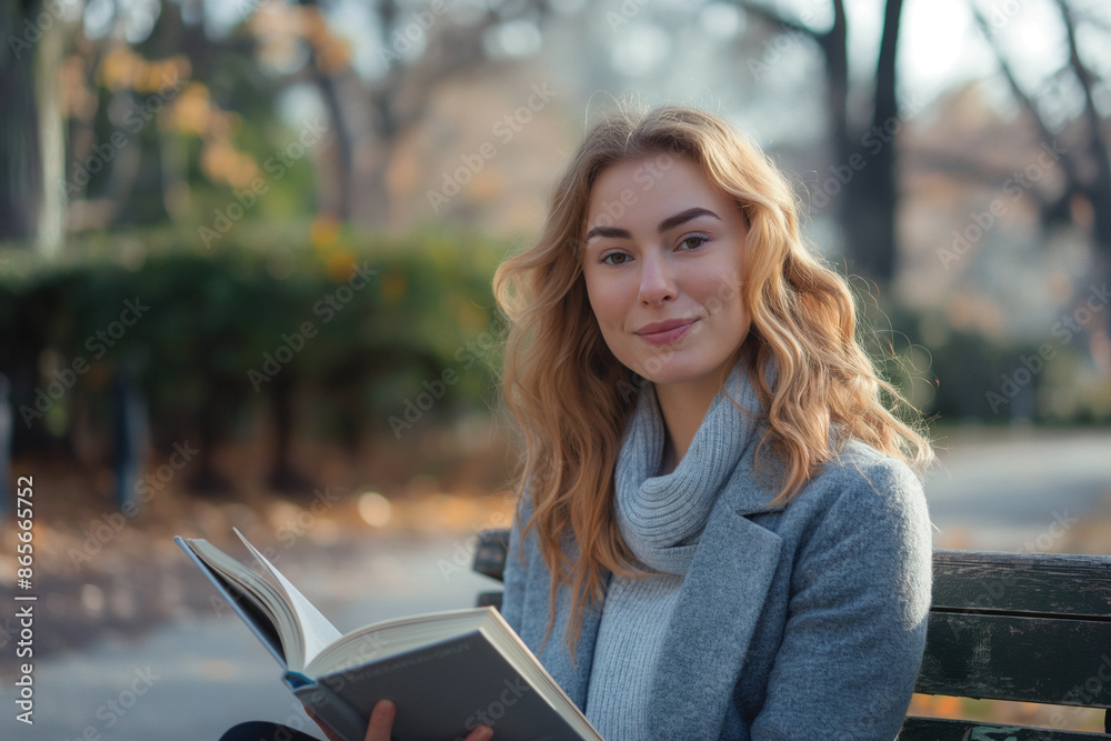 A college student sitting on a bench in an autumn park with an open book. Peaceful ambiance of fall, with colorful leaves surrounding the student as she enjoys her reading in the crisp, fresh air A college student sitting on a bench in an autumn park with an open book. Peaceful ambiance of fall, with colorful leaves surrounding the student as she enjoys her reading in the crisp, fresh air