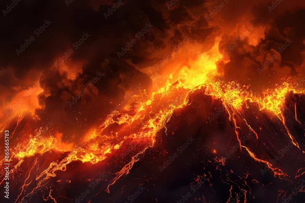 dramatic volcanic eruption border molten lava billowing dark smoke intense orange glow against inky black background digital illustration with photorealistic textures dramatic volcanic eruption border molten lava billowing dark smoke intense orange glow against inky black background digital illustration with photorealistic textures