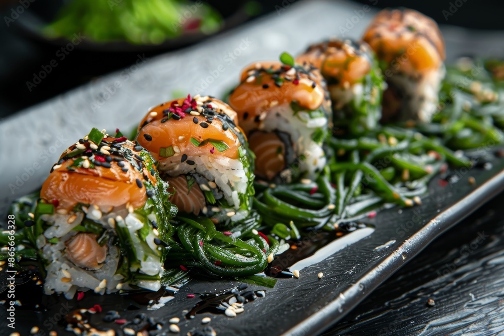 Asian dish with wakame salad and salmon sushi with cheese Asian dish with wakame salad and salmon sushi with cheese