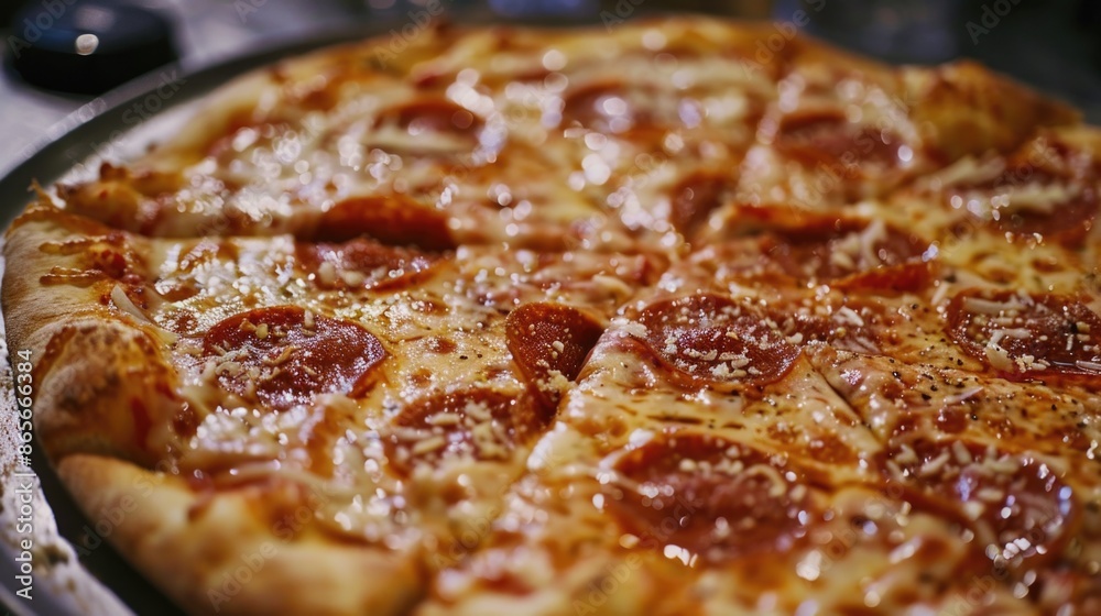 A fresh pepperoni pizza sitting on top of a pan, ready for serving or reheating A fresh pepperoni pizza sitting on top of a pan, ready for serving or reheating