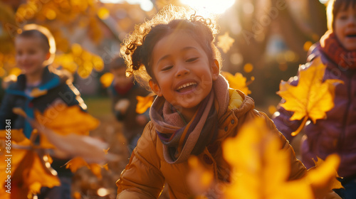 A group of elementary school-aged children play in a school playground strewn with colorful autumn leaves. The scene conveys the joy and energy of childhood as the children enjoy crisp fall whether