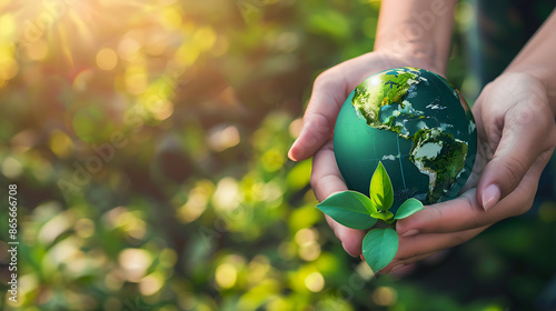 Hands Holding a Globe with Green Plants Growing on it - Evokes sustainability, environmental care, or global responsibility. photo