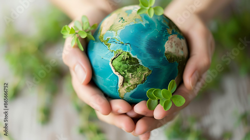 Hands Holding a Globe with Green Plants Growing on it - Evokes sustainability, environmental care, or global responsibility. photo