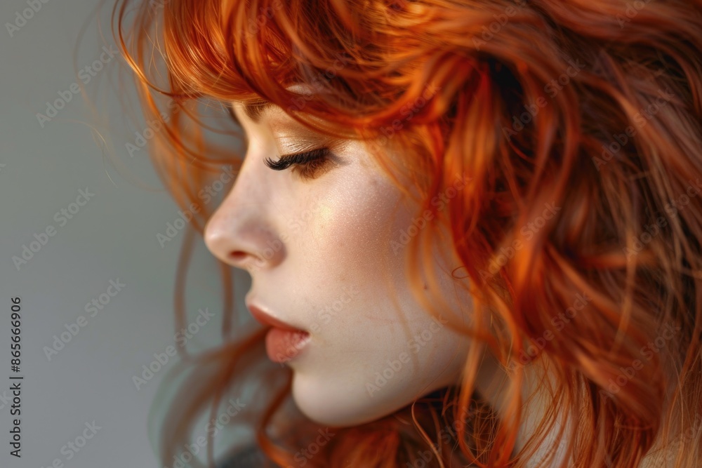 A close-up shot of a woman with vibrant red hair, great for editorial or commercial use