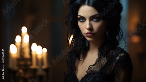 mysterious woman with dark hair and intense gaze in candlelit room