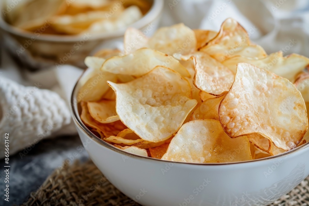 Cassava chips a traditional Javanese snack served in a white ceramic bowl Cassava chips a traditional Javanese snack served in a white ceramic bowl