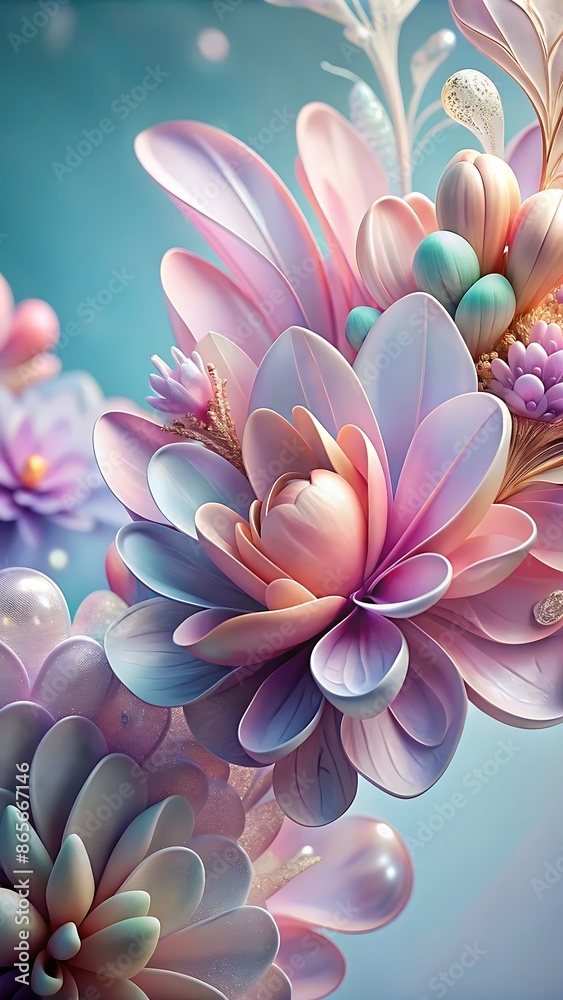 Fototapeta premium Abstract florals in soft peach, lavender, and mint watercolors