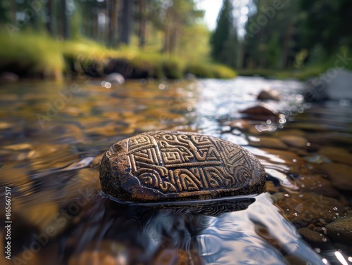 Carved stone in flowing stream photo