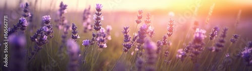 Vibrant lavender field at sunset
