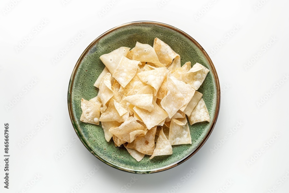 Cassava Chips on green plate white background shown from above Cassava Chips on green plate white background shown from above
