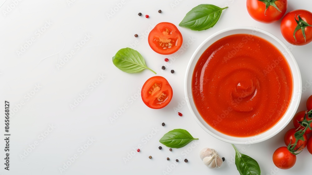 Rustic tomato sauce with fresh basil and tomatoes, arranged on a white background, top view, flat lay, perfect for Italian cuisine recipes, ample copy space Rustic tomato sauce with fresh basil and tomatoes, arranged on a white background, top view, flat lay, perfect for Italian cuisine recipes, ample copy space