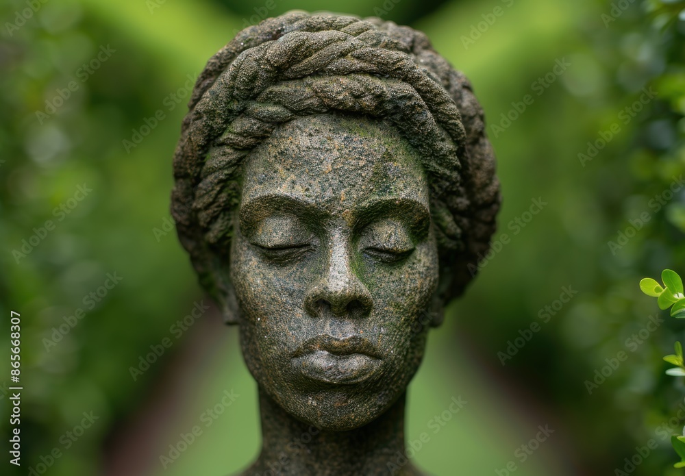 Serene stone sculpture in lush green garden Serene stone sculpture in lush green garden