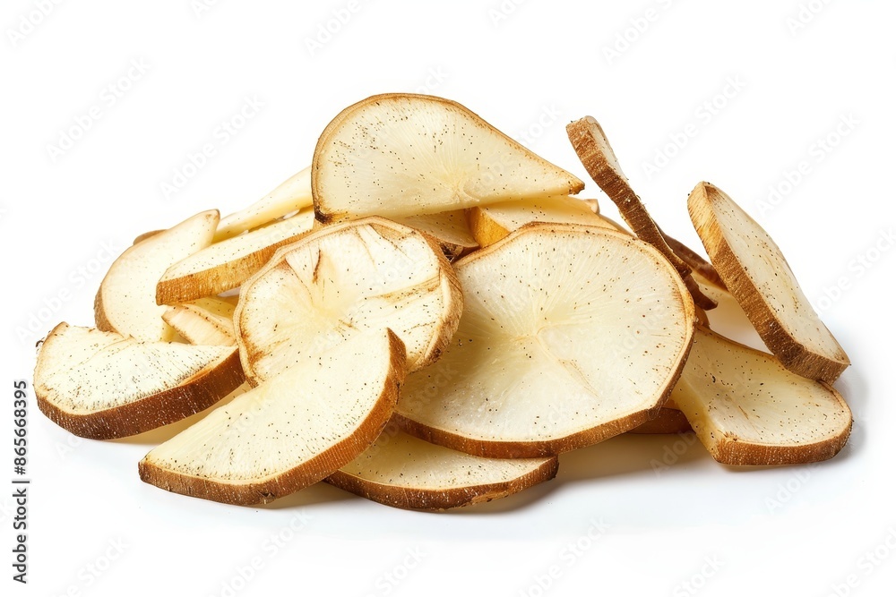 Cassava chips with balado flavor on white background Cassava chips with balado flavor on white background