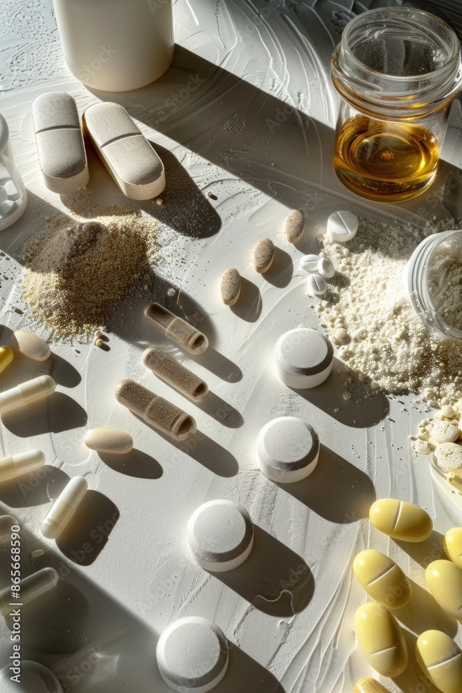 A close-up view of multiple pill containers on a table, possibly for medication management A close-up view of multiple pill containers on a table, possibly for medication management