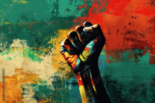 empowering black history month background with raised fist red yellow green black panafrican colors digital illustration photo