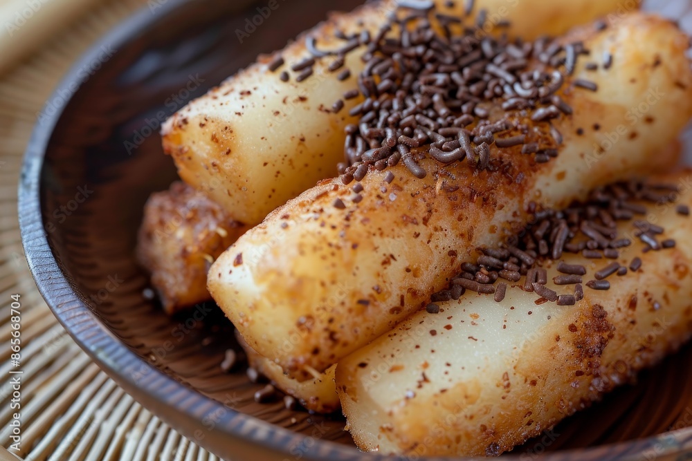 Cassava cooked two ways with chocolate topping Cassava cooked two ways with chocolate topping