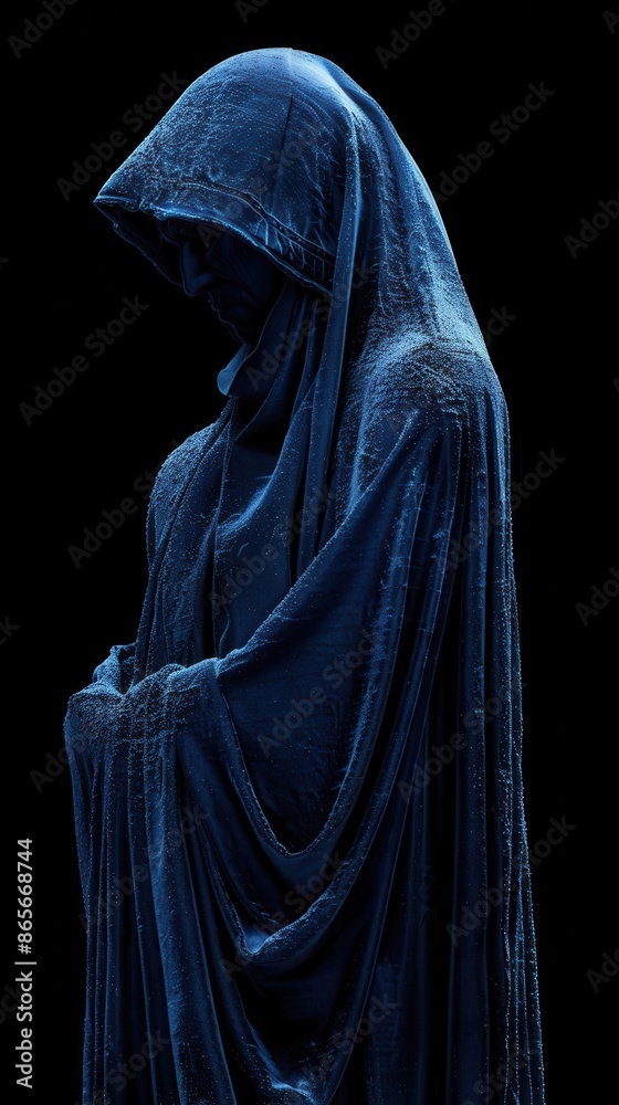 person in a blue robe and hood standing person in a blue robe and hood standing