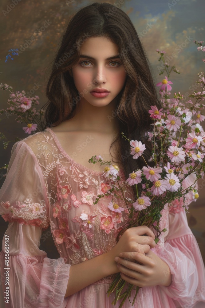 A woman in a pink dress holds a bouquet of flowers, suitable for lifestyle or editorial uses A woman in a pink dress holds a bouquet of flowers, suitable for lifestyle or editorial uses
