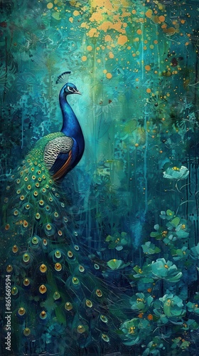 painting of a peacock in a forest with flowers