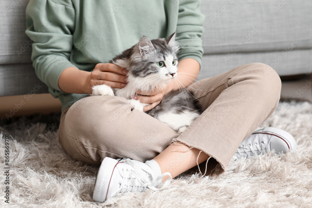 Young woman with cute longhaired cat sitting on floor in living room Young woman with cute longhaired cat sitting on floor in living room
