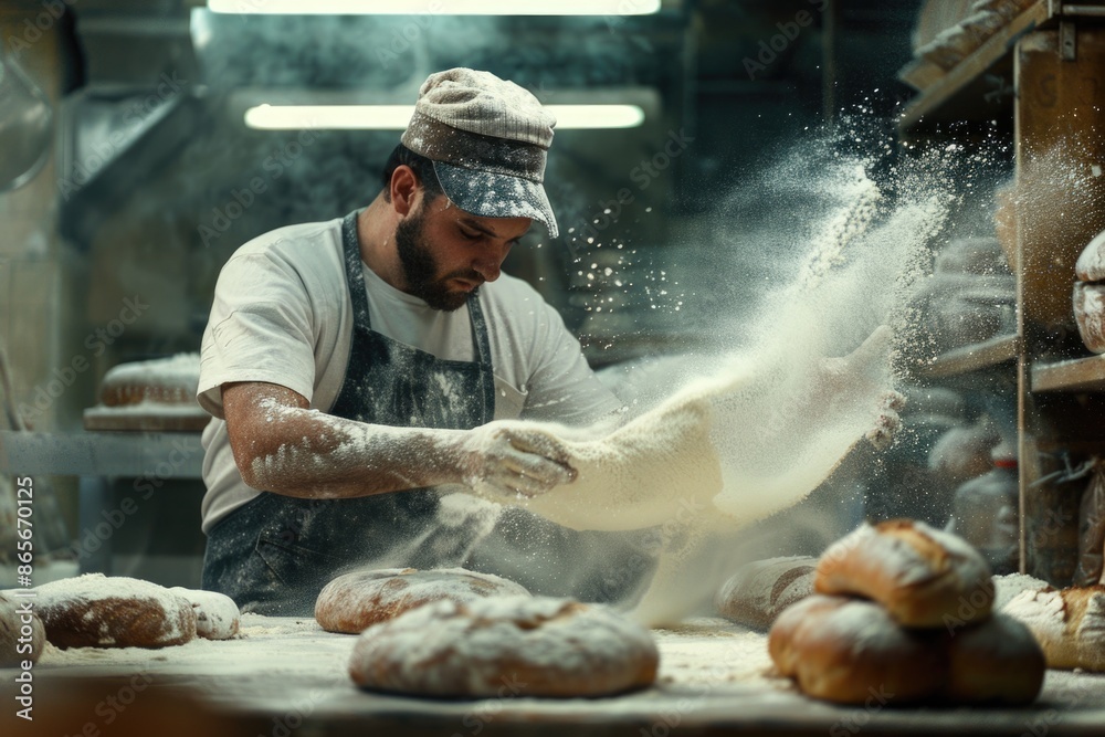 A person in an apron kneading and shaping bread dough A person in an apron kneading and shaping bread dough