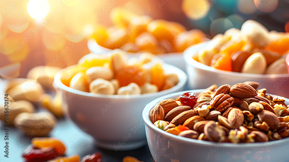 Nuts and Dried Fruits in Small Bowls - Represents healthy snacks, nutrition, or dieting Nuts and Dried Fruits in Small Bowls - Represents healthy snacks, nutrition, or dieting