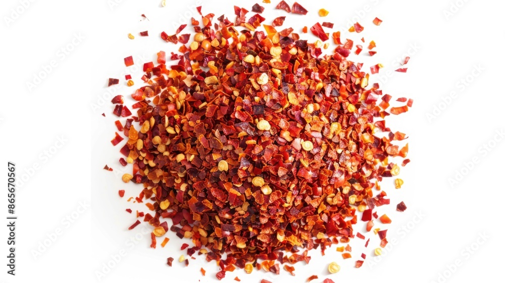 A pile of dried chili flakes sits on a white surface, ready for use in cooking A pile of dried chili flakes sits on a white surface, ready for use in cooking