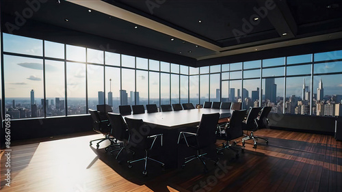 Fototapeta Naklejka Na Ścianę i Meble -  large office space with huge windows overlooking the metropolis, expensive commercial real estate, conference and meeting rooms,