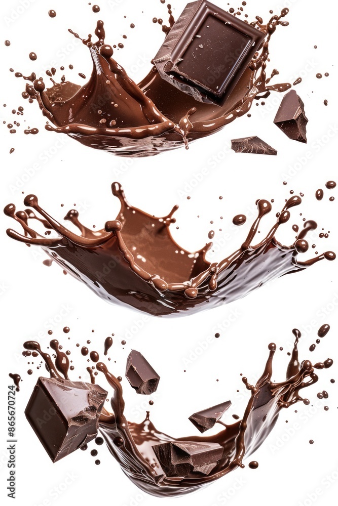 Close-up shot of chocolate splashing on a white surface, with a piece of chocolate in the middle Close-up shot of chocolate splashing on a white surface, with a piece of chocolate in the middle