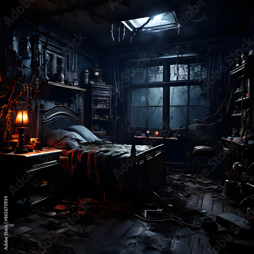 gloomy spooky haunted room, ai-generatet