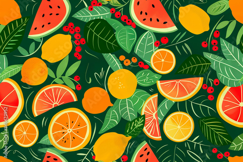 Wallpaper Mural A colorful seamless pattern with assorted fruits and leaves on a green background, great for fresh and lively projects. Torontodigital.ca