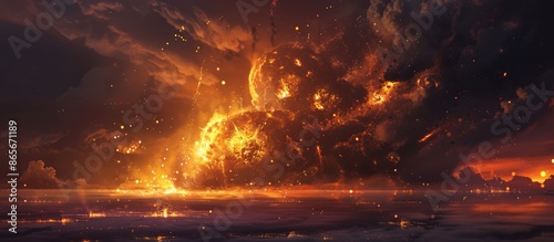 A massive, scorching detonation with glowing embers and intense fumes, set against a dark backdrop photo