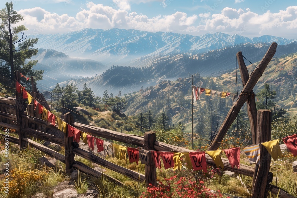 A scenic mountain overlook with a Labor Day banner strung across a rustic wooden fence. A scenic mountain overlook with a Labor Day banner strung across a rustic wooden fence.