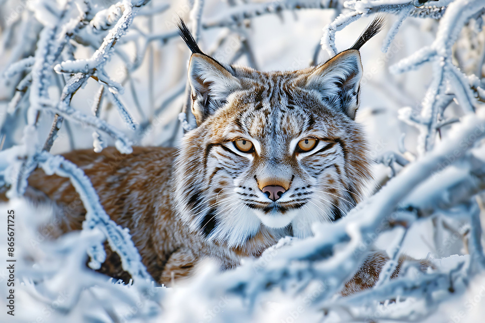 Obraz premium Deep within boreal forest of Canada elusive lynx prowl through snowcovered undergrowth tufted ear twitching slightest sound Using macrophotography intricate pattern of fur piercing gaze of amber eye