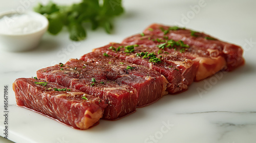 Raw Marbled Beef Steaks Seasoned With Fresh Herbs Ready For Cooking