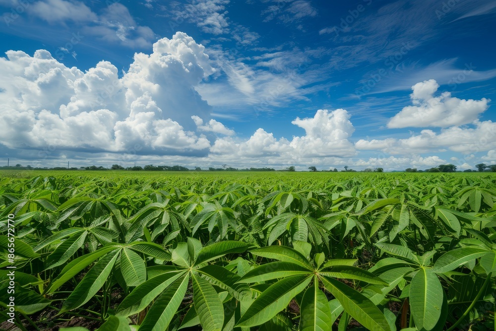 Cassava field seen from the side under a blue sky Cassava field seen from the side under a blue sky
