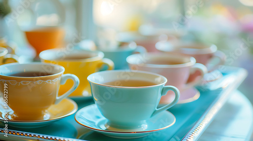 Variety of Teacups and Saucers on a Tray - Perfect for tea parties, relaxation, or social gatherings.