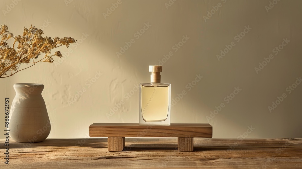 Minimal style perfume bottle mockup on wooden stand with copy space for product design concept Minimal style perfume bottle mockup on wooden stand with copy space for product design concept
