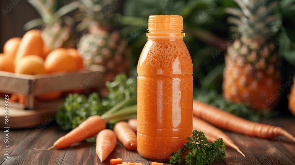 Mixed fruit and vegetable smoothie in a plastic bottle with a blank label featuring a studio background of carrots and pineapples Mixed fruit and vegetable smoothie in a plastic bottle with a blank label featuring a studio background of carrots and pineapples