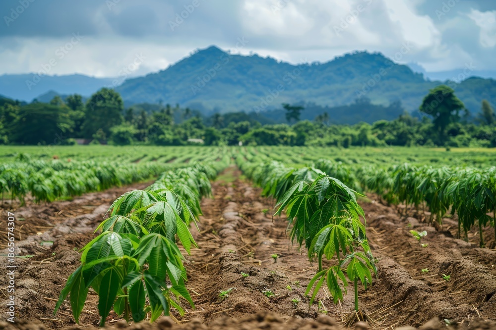 Cassava plantation in Thailand with rows of trees Cassava plantation in Thailand with rows of trees