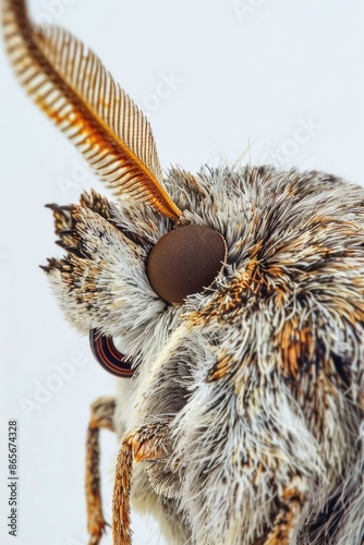 Close-up shot of a moth's face featuring intricate feathers