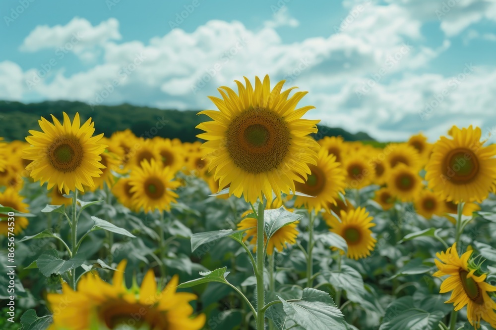 A field of bright yellow sunflowers growing under a clear blue sky, ideal for use in agriculture or nature-related contexts A field of bright yellow sunflowers growing under a clear blue sky, ideal for use in agriculture or nature-related contexts