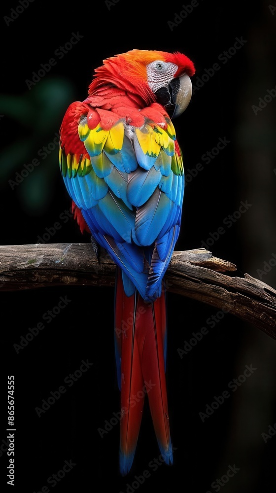 Obraz premium colorful parrot sitting on a branch in the dark